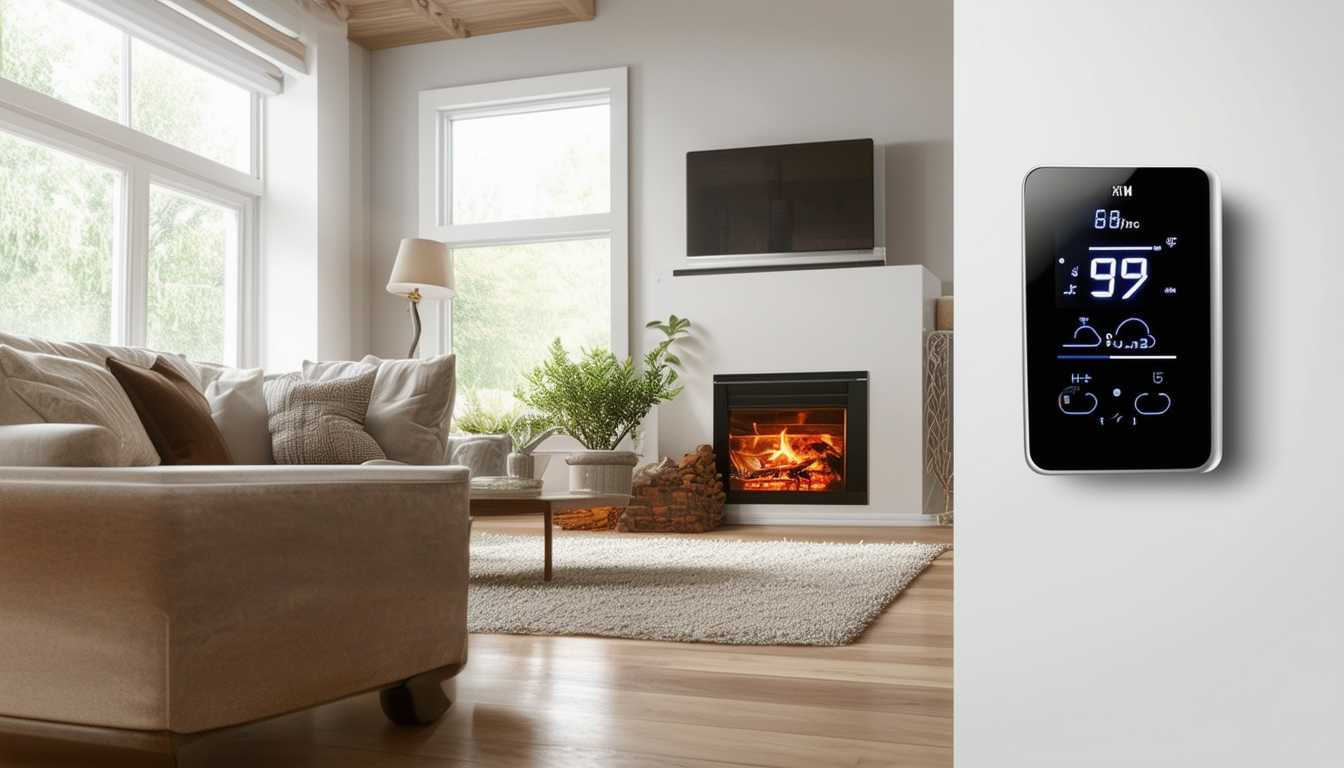 A cozy family room with a modern thermostat on the